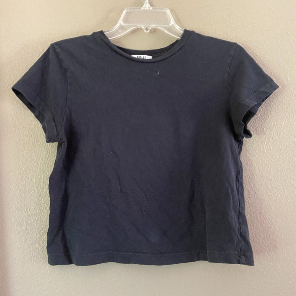 $78 Agolde Crew Neck MAYA Cotton Cropped Tee Shirt Black Size S